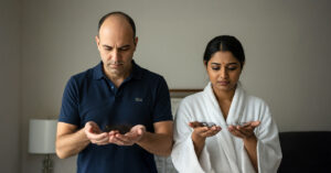 man and woman looking at fallen hair