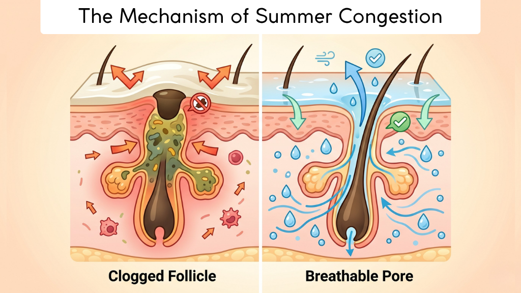 Medical diagram showing a "Clogged Follicle" under heavy cream vs. a "Breathable Pore" under water-based hydration.