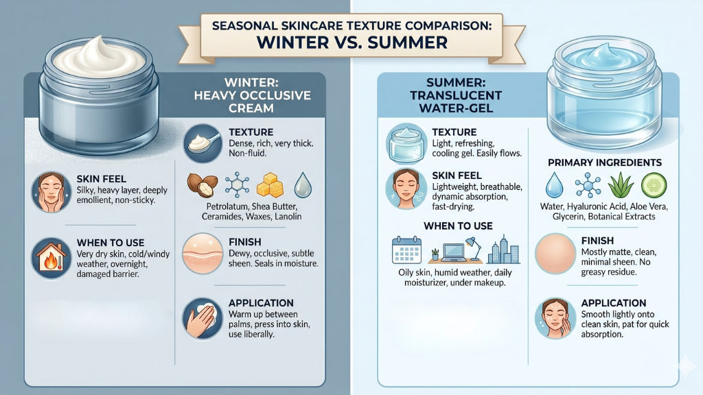 A texture comparison chart: "Heavy Occlusive Cream" (Winter) vs. "Translucent Water-Gel" (Summer).